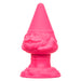 The CalExotics Naughty Bits Girthy Pink Gnome Butt Plug is a vibrant pink silicone probe, intricately shaped like a garden gnome complete with detailed facial features and a tall, pointed hat. It sits on a flared, rounded base that mimics the texture of the ground for an enjoyable experience.