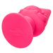 The Naughty Bits Girthy Pink Gnome Butt Plug by CalExotics is a vibrant pink, cone-shaped silicone probe featuring a flared base embossed with "Naughty Bits." It showcases a textured pattern resembling fingers, making it perfect for an engaging playtime. Displayed on a white background.