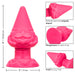 Image of a Naughty Bits Girthy Pink Gnome Butt Plug by CalExotics with dimensions and features highlighted. The silicone probe is 4 inches tall and 2 inches wide, with a flanged base for ease of use. Close-up insets show the unique shape and detailed craftsmanship. Text reads: "A troll for your hole.