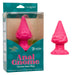 The Naughty Bits Girthy Pink Gnome Butt Plug from CalExotics is a silicone toy shaped like a gnome's head, featuring a pointed hat and beard, all packaged in eye-catching green and clear packaging. The text reads "Naughty Bits - Anal Gnome - Gnome Butt Plug." Key features include its waterproof design and promise of fulfilling playtime.