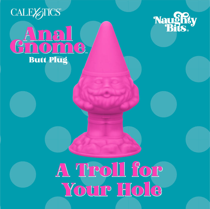 A product display for the "Naughty Bits Girthy Pink Gnome Butt Plug" features a pink silicone probe shaped like a gnome with a pointed hat. The background is teal with light blue polka dots, showcasing the text "A Troll for Your Hole," and branding by CalExotics. Perfect for fulfilling playtime!