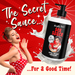 A retro-styled woman in a red polka dot dress and red lipstick is shown excitedly posing next to a product labeled "Naughty Jane’s Creamy Cum Sex Sauce Lubricant 16oz by XR Brands." The body-safe bottle is surrounded by a splash effect on a red starburst background with text reading, "The Secret Sauce… for a Good Time!