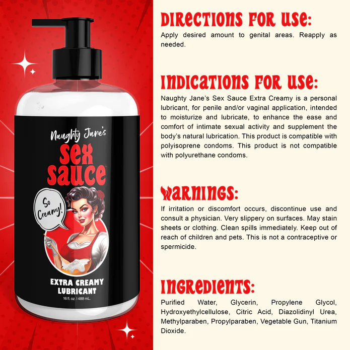 A red and black bottle of XR Brands' Naughty Jane's Creamy Cum Sex Sauce Lubricant 16oz with product details. Directions: Apply to genital areas, reapply as needed. Indications: For easing intimate sexual activity. Warnings: Discontinue if discomfort occurs. Ingredients listed. Body-safe and toy compatible formula.