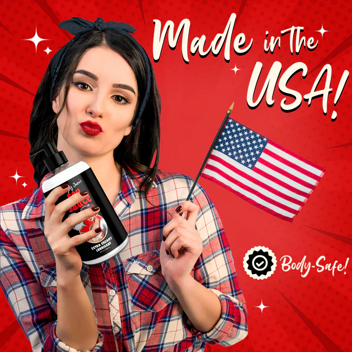 A woman with red lipstick, wearing a plaid shirt and headband, holds a bottle of Naughty Jane's Creamy Cum Sex Sauce Lubricant 16oz by XR Brands and a small American flag. The text "Made in the USA!" is at the top, and "Body-Safe and Toy Compatible!" with an icon is in the bottom right corner. The background is red with starburst patterns.