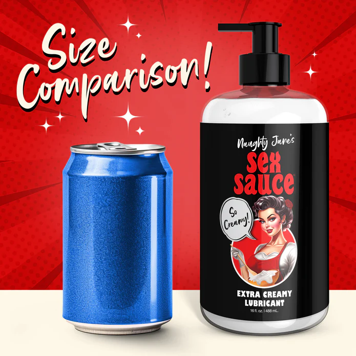 A blue soda can is placed next to a large pump bottle labeled "Naughty Jane's Creamy Cum Sex Sauce Lubricant 16oz" by XR Brands, featuring a cartoon image of a woman. The red background sparkles, highlighting the words "Size Comparison!" in large text.