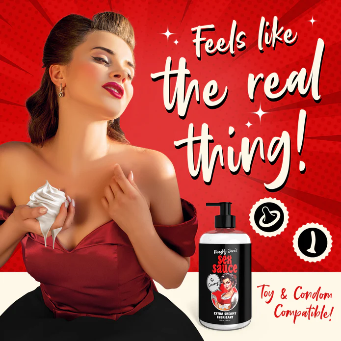 A retro-styled woman with red lipstick and a vintage hairstyle poses sensually, holding a bottle of body-safe lubricant labeled "Naughty Jane's Creamy Cum Sex Sauce" by XR Brands. The text reads "Feels like the real thing!" with icons indicating it's toy and condom compatible. Background in red.