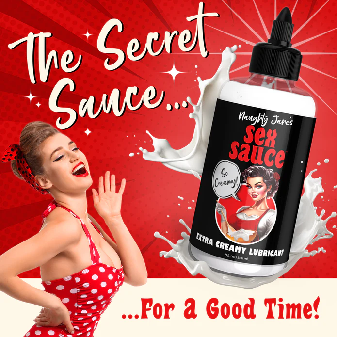 A playful, retro-style advertisement showcases a smiling woman in a red polka-dot dress and headband. She is leaning back with her eyes closed. In the foreground, there's an 8oz bottle labeled "Naughty Jane's Creamy Cum Sex Sauce Lubricant" by XR Brands - a body-safe lubricant with the tagline "So creamy!" against a vibrant red background.