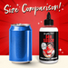 A blue soda can is shown next to a bottle of "Naughty Jane's Creamy Cum Sex Sauce Lubricant 8oz" by XR Brands on a red, comic-style background with radial lines. The text "Size Comparison!" appears at the top of the image, highlighting the lubricant designed for use with sex toys.