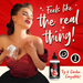 A retro-styled woman in a red dress holds whipped cream against her chest, eyes closed, with text reading "Feels like the real thing!" next to a bottle of Naughty Jane's Creamy Cum Sex Sauce Lubricant by XR Brands. Icons indicate compatibility with sex toys and condoms, reassuring users it's body-safe and ready for pleasure.