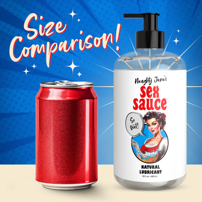 A size comparison image showcasing a red soda can on the left and a large bottle of "Naughty Jane's Sex Sauce Natural Water Based Lubricant 16oz" from XR Brands on the right. The background boasts a blue starburst design with "Size Comparison!" written in large, bold text.