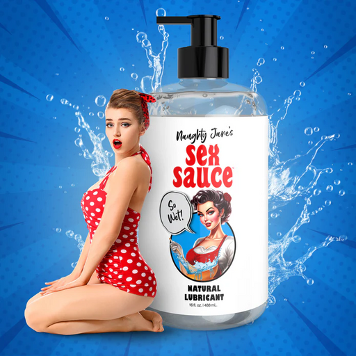 A vintage-style pin-up woman in a red polka dot swimsuit poses with a surprised expression against a blue comic-style background. Behind her is an oversized bottle of "Naughty Jane's Sex Sauce Natural Water Based Lubricant 16oz" by XR Brands, featuring a retro pin-up label with a winking woman.