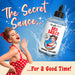 A vintage-style advertisement features a cheerful pin-up woman in a red polka dot dress and headband. Next to her is a bottle labeled "Naughty Jane's Sex Sauce Natural Water Based Lubricant 8oz" by XR Brands. The ad text reads, "The Secret Sauce... for a Good Time! Now as a toy compatible lube.