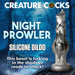 A silver werewolf dildo named "Night Prowler 10 Inch Werewolf Canine Dildo with Knot" from XR Brands, designed with fantasy elements and featuring a suction cup base, is placed in front of a mystical, moonlit forest background. Text reads: "This beast is lurking in the shadows ready to attack!".