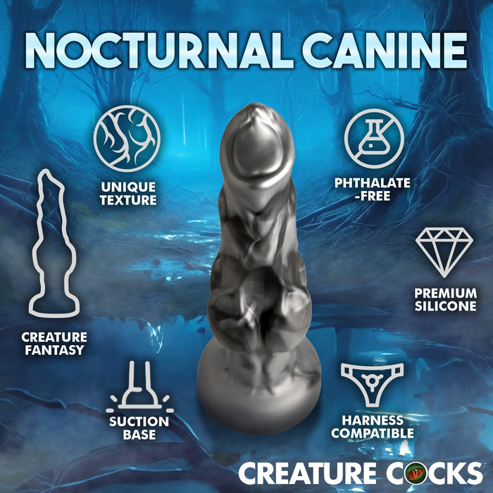 A promotional image for a product named "Night Prowler 10 Inch Werewolf Canine Dildo with Knot" from XR Brands. The premium silicone dildo sits at the center, surrounded by icons and text highlighting its features: unique texture, phthalate-free, silver werewolf dildo, creature fantasy, suction base, and harness compatible.