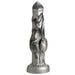 A metallic object resembling a sculpted pillar stands upright. Its smooth, reflective surface features intricate, organic contours and grooves. The base is a suction cup, providing stability to the XR Brands Night Prowler 10 Inch Werewolf Canine Dildo with Knot's vertical structure.