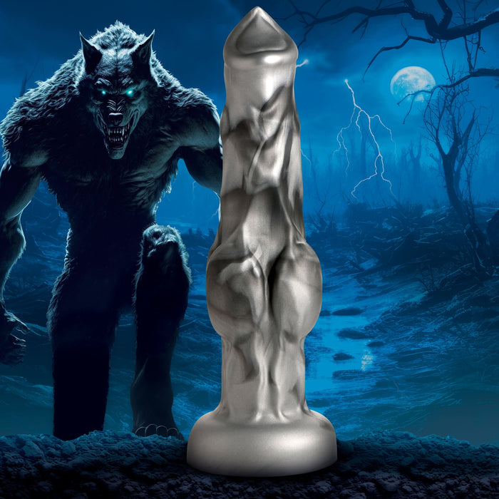 Under a moonlit, stormy night with a lightning bolt striking in the background, a menacing werewolf stands ominously. In the foreground, prominently displayed, is the Night Prowler 10 Inch Werewolf Canine Dildo with Knot by XR Brands—a large, intricately detailed silver piece crafted from premium silicone with a suction cup base.