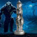 Under a moonlit, stormy night with a lightning bolt striking in the background, a menacing werewolf stands ominously. In the foreground, prominently displayed, is the Night Prowler 10 Inch Werewolf Canine Dildo with Knot by XR Brands—a large, intricately detailed silver piece crafted from premium silicone with a suction cup base.