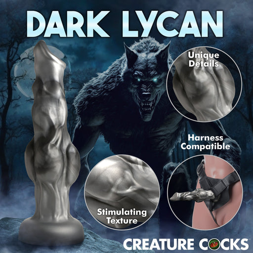 Advertisement for "Night Prowler 10 Inch Werewolf Canine Dildo with Knot" from XR Brands. This dark gray werewolf-themed adult toy features a detailed design, is made from premium silicone, and boasts a stimulating texture. It’s harness compatible and includes a suction cup base. The background showcases a menacing werewolf in an eerie forest.