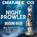 Ad image for XR Brands' "Night Prowler 6.75 Inch Werewolf Canine Dildo with Knot." Showcases a silver werewolf dildo featuring a suction cup base, set against a dark, eerie forest backdrop with the text, "This beast is lurking in the shadows ready to attack!" Crafted from premium silicone for an unforgettable experience.