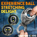 A promotional image for XR Brands' "Night Prowler Alpha Wolf Knot Girth Enhancer with Ball Strap" showcases a ball stretcher made of body-safe silicone with a textured outer surface. The device is being held and shown in three different angles, with captions highlighting its functionality. The background depicts a dark, eerie forest.