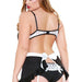 A woman in a Night Service Maid outfit poses with her back to the camera. The ensemble features a black bra with white lace, a black garter belt, and white lace stockings. She also wears a black skirt with white lace detail and a white apron tied at the back, showcasing Fantasy Lingerie's Night Service French Maid Costume 3X4X beautifully.