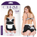 A package featuring a plus-size model wearing a Fantasy Lingerie Night Service French Maid Costume 3X4X. The front view shows a black dress with white lace trim, garter straps, and a white apron. The back view displays the dress's open back with a white bow and ruffled hem, perfect for plus size lingerie enthusiasts.