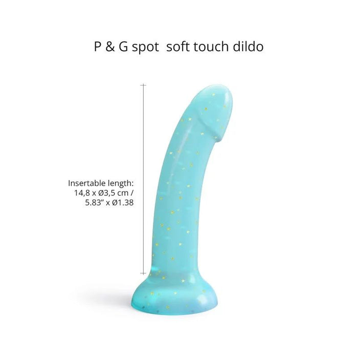 The "Nightfall Teal Glitter 7 inch Silicone Dildo" by Lovely Planet is a light blue glittery dildo adorned with a yellow stars pattern. Measuring 14.8 cm in length with a diameter of 3.5 cm (5.83" x Ø1.38"), this flexible liquid silicone dildo boasts a slight curve, rounded tip, and a sturdy base designed for strap-on harness compatibility.