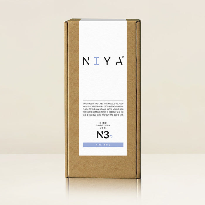 A rectangular cardboard box of Rocks Off brand Niya N3 Easy Grip Finger Loop Bullet Vibrator, labeled "N3." The packaging features minimalist design elements, including a white label with black text and a subtle blue accent. Reminiscent of sleek waterproof designs, the box stands upright on a plain light background.