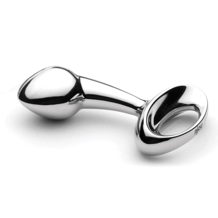 The Njoy Pure Small Stainless Steel Butt Plug with Loop Handle by Njoy features a round, bulbous end connected to a curved handle that forms a loop. Made from 316 Grade Hand Polished Stainless Steel, its sleek, shiny surface reflects light, giving it a smooth, metallic appearance.