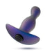 The Odyssey Vibrating Silicone Prostate Massager & Butt Plug by Blush is crafted in a compact metallic purple gradient design with textured detailing and a broad base. It includes a black button at the bottom, perfect for delivering strong vibrations during anal exploration, all highlighted against a white backdrop.