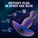 A sleek and modern plug featuring a smooth, curved design in a gradient of blue and purple. This product offers P-spot stimulation, hands-free pleasure, an ergonomic build, powerful vibrations, and exceptional reliability. Text displays: "Blush Odyssey Vibrating Silicone Prostate Massager & Butt Plug in Space Age Blue.” All set against a starry background.