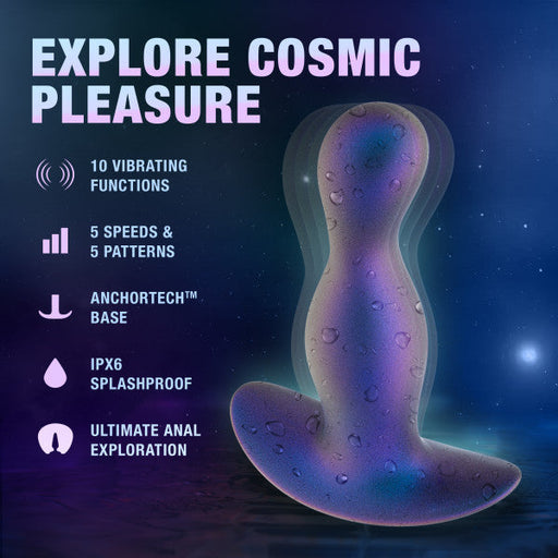 Under a starry sky, the Blush Odyssey Vibrating Silicone Prostate Massager & Butt Plug shines with its textured, multicolored design, delivering powerful vibrations through 10 functions and 5 speeds. Its Anchortech™ base and IPX6 splash-proof feature ensure exhilarating anal exploration. Text reads: "EXPLORE COSMIC PLEASURE.