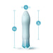 The Oh My Gem Ardor Aquamarine Warming Internal & External Tapered Vibrator by Blush is a light blue personal massager with dimensions of 5.5 inches in total length, 1 inch in diameter, and a 4-inch insertable length. It features a tapered shape and a flared base, and it is USB rechargeable for your convenience.