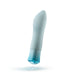 The Blush Oh My Gem Ardor Aquamarine Warming Internal & External Tapered Vibrator, with its sleek and curved design in a light blue hue, floats against a white background. Its transparent blue base perfectly complements the modern minimalist aesthetic. This waterproof personal massager also boasts a soothing warming function for an enhanced experience.