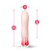 The Oh My Gem Morganite Warming Beginner Mini Vibrator by Blush, a light pink, cylindrical vibrator, is shown against a white background with measurements. It is 5.5 inches in total length, 4 inches insertable, and has a diameter of 1 inch. The base is red and translucent with a faceted design and offers multiple vibrating functions.