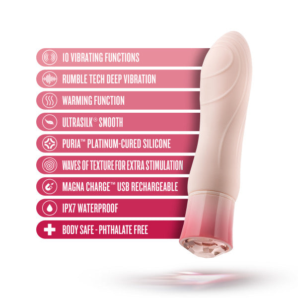 To the left, an image of the Oh My Gem Morganite Warming Beginner Mini Vibrator by Blush showcases its numerous features. Highlights include 10 vibrating functions, deep vibration, warming function, smooth texture, platinum-cured silicone, extra stimulation textures, USB rechargeable capability, waterproof design, and phthalate-free materials.