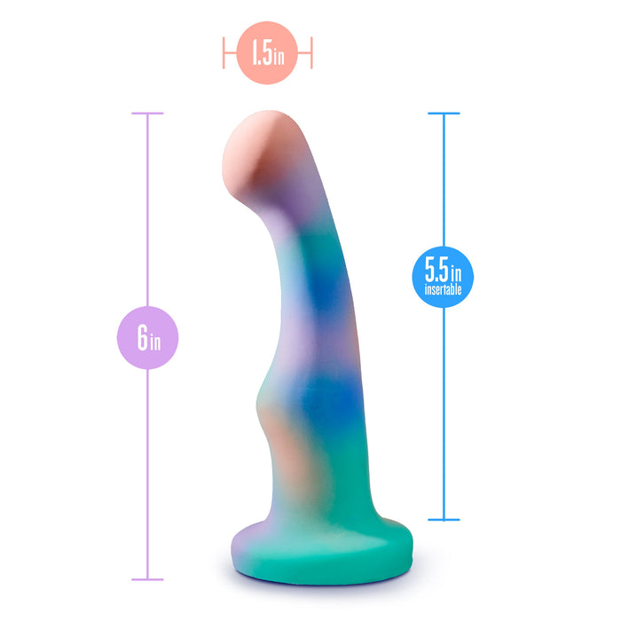 Image of the Opal Dreams Blue Ombre 6 Inch G Spot Dildo by Blush, showcasing its multi-colored silicone design. It measures 6 inches in total height with 5.5 inches insertable and 1.5 inches in width. This dildo features a curved, ergonomic shape specifically designed for internal use and optimal g-spot stimulation.