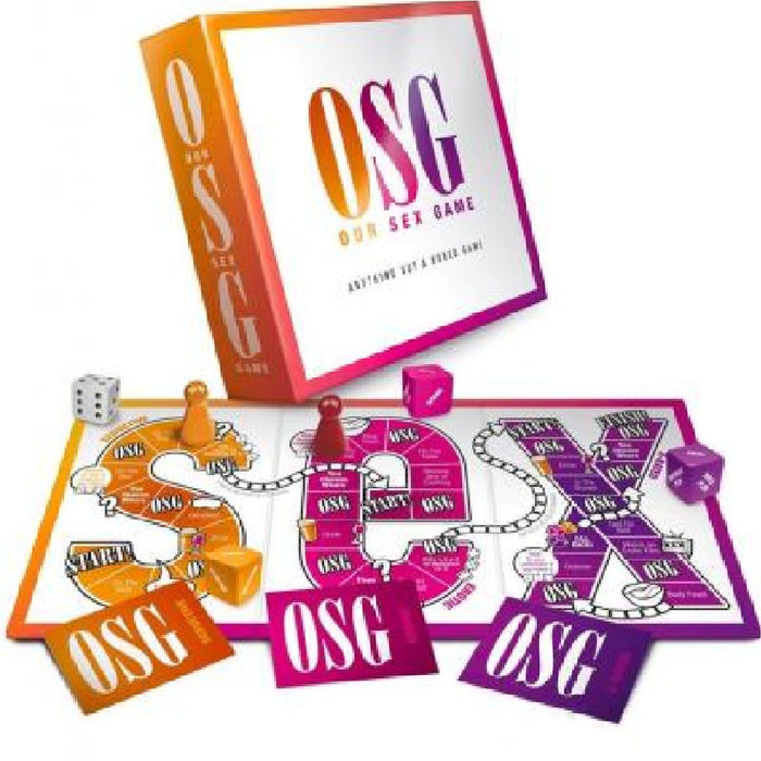 A colorful image showcasing components of the "Our Sex Game OSG," including cards, a game board, and a die arranged in a playful manner, inviting players to engage in erotic exploration by Creative Conceptions.