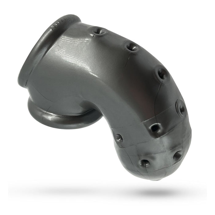 A close-up view of a dark gray, curved metal pipe with evenly spaced bolts on its surface, set against a white background. Shaped like an elbow joint and featuring a smooth reflective finish, the design brings to mind an Oxballs Airlock Air-Lite Vented Chastity Cage for Beginners - Steel Grey by Oxballs.