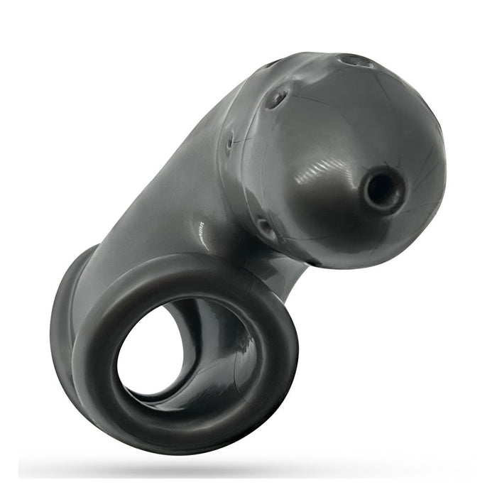 A sleek, black male chastity cage with a streamlined, cylindrical design. The Oxballs Airlock Air-Lite Vented Chastity Cage for Beginners - Steel Grey features a ring and ventilation holes and is constructed from smooth, durable plus+SILICONE™ material. The device is designed for secure male genital containment.