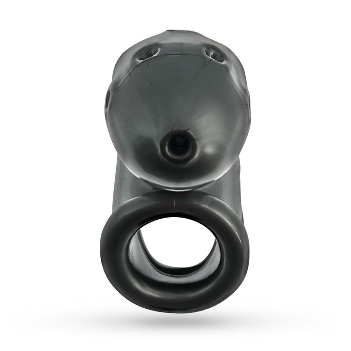 Front view of a sleek, dark grey Oxballs Oxballs Airlock Air-Lite Vented Chastity Cage for Beginners - Steel Grey with its mouth open, creating a ring shape that almost resembles an airlock cage. The toy features expressive eyes and a rounded dorsal fin, giving it a playful and friendly appearance. The white background emphasizes its shape and details.