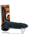 A black textured silicone sleeve for enhancing sexual pleasure is showcased outside its packaging. The packaging, featuring bold orange graphics with the brand name "Oxballs," includes an image of the Oxballs Dicker 7.5 Inch Cock Sheath - Black Ice made from durable Plus+SILICONE. A small, clear attachment is also displayed.