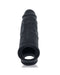 A black, cylindrical object resembling a sleeve with a textured, anatomically detailed exterior and an open end, designed for adult use and crafted from Plus+SILICONE for a custom fit: the Oxballs Dicker 7.5 Inch Cock Sheath - Black Ice by Oxballs.