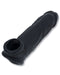 A black Oxballs Dicker 7.5 Inch Cock Sheath - Black Ice, cylindrical object with a hole at one end, resembling a hollow molded tube on a white background. The texture appears rubbery, and it has some sculpted ridges along its length for a custom fit.