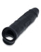 A realistic, black, Oxballs Dicker 7.5 Inch Cock Sheath - Black Ice by Oxballs with a textured surface and an open ring at the base is shown against a white background, offering a custom fit for added comfort.