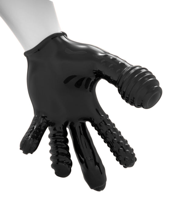 An Oxballs Finger Fuck Textured Fingering Glove - Black by Oxballs is worn on a hand, extending off the wrist and featuring several patterns such as ribbed, dotted, and smooth textures on its fingers, all against a plain white background.