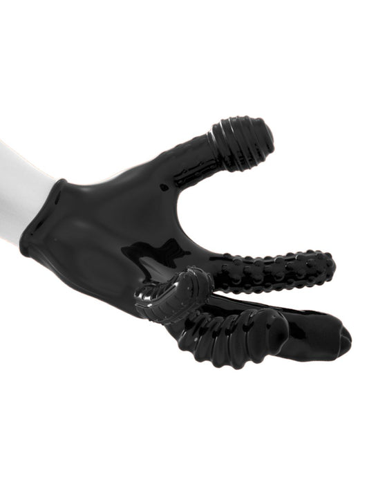 A close-up of an Oxballs Finger Fuck Textured Fingering Glove - Black on a white background. The glove, from the brand Oxballs, features raised ridges and a smooth, shiny surface, covering a hand positioned with the thumb and two fingers extended, the remaining fingers retracted.