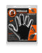 A packaged black novelty glove with shiny, raised textures is presented against an orange and black patterned background. The flexible rubbery glove is labeled "Oxballs Finger Fuck Textured Fingering Glove - Black." The packaging features images of the Oxballs Finger Fuck Textured Fingering Glove - Black in use and the Oxballs logo at the top left corner.