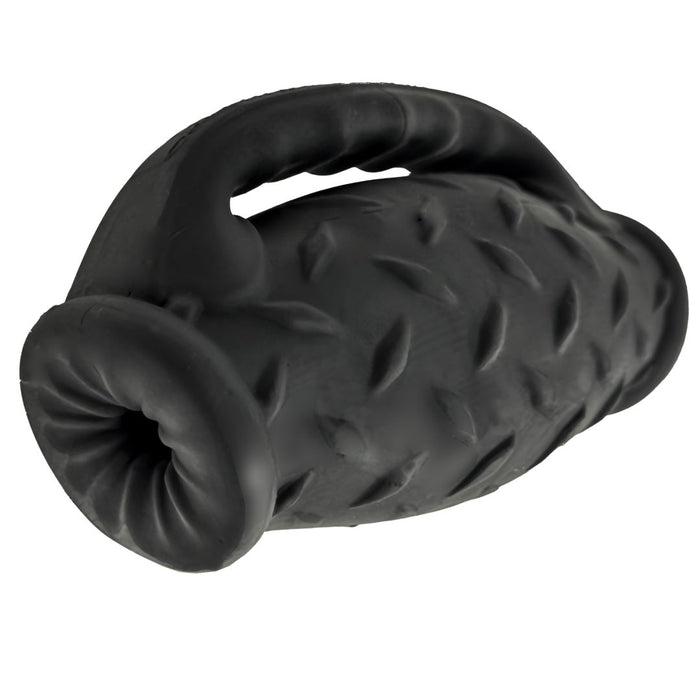 The Oxballs Masterjack Double Ended Ultra Squishy Stroker with Handle - Black by Oxballs is a black, textured rubber toy with a handle. The surface has a diamond pattern, and the toy is cylindrical with slightly tapered ends. Made from a non-toxic silicone blend, the handle appears sturdy, making it easy for users to hold and carry.