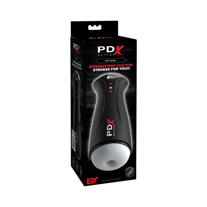 The image showcases a sleek black box featuring the PDX Elite Fap-Gasm Sucking Vibrating Masturbator from Pipedream Products. The packaging emphasizes its capabilities, including "Intermittent Suction Strokes For You!" and displays a black and white product picture, highlighting its versatile suction modes designed to enhance your experience.